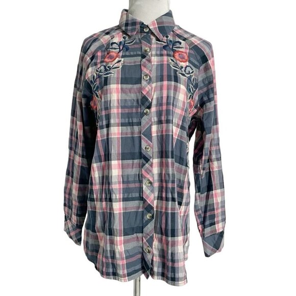 Tolani Collection Small Top Blouse Embroidered Boho Plaid - Picture 1 of 8